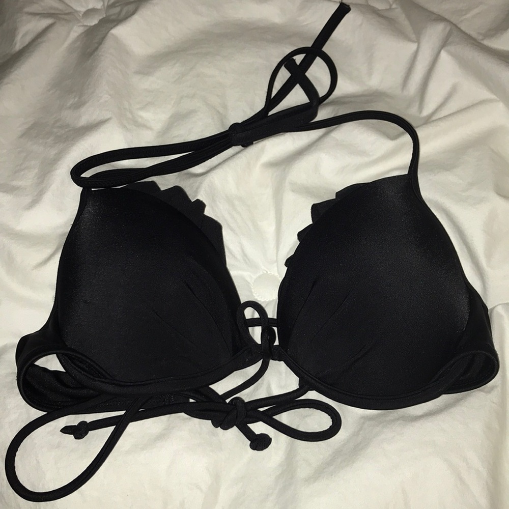Black ruffle hem Haltar push up bathing suit top